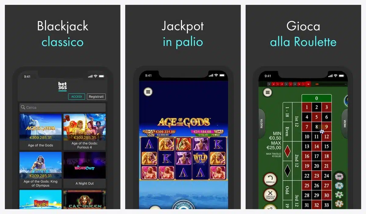 Schermate dell'app casin&ograve; di bet365 in italiano