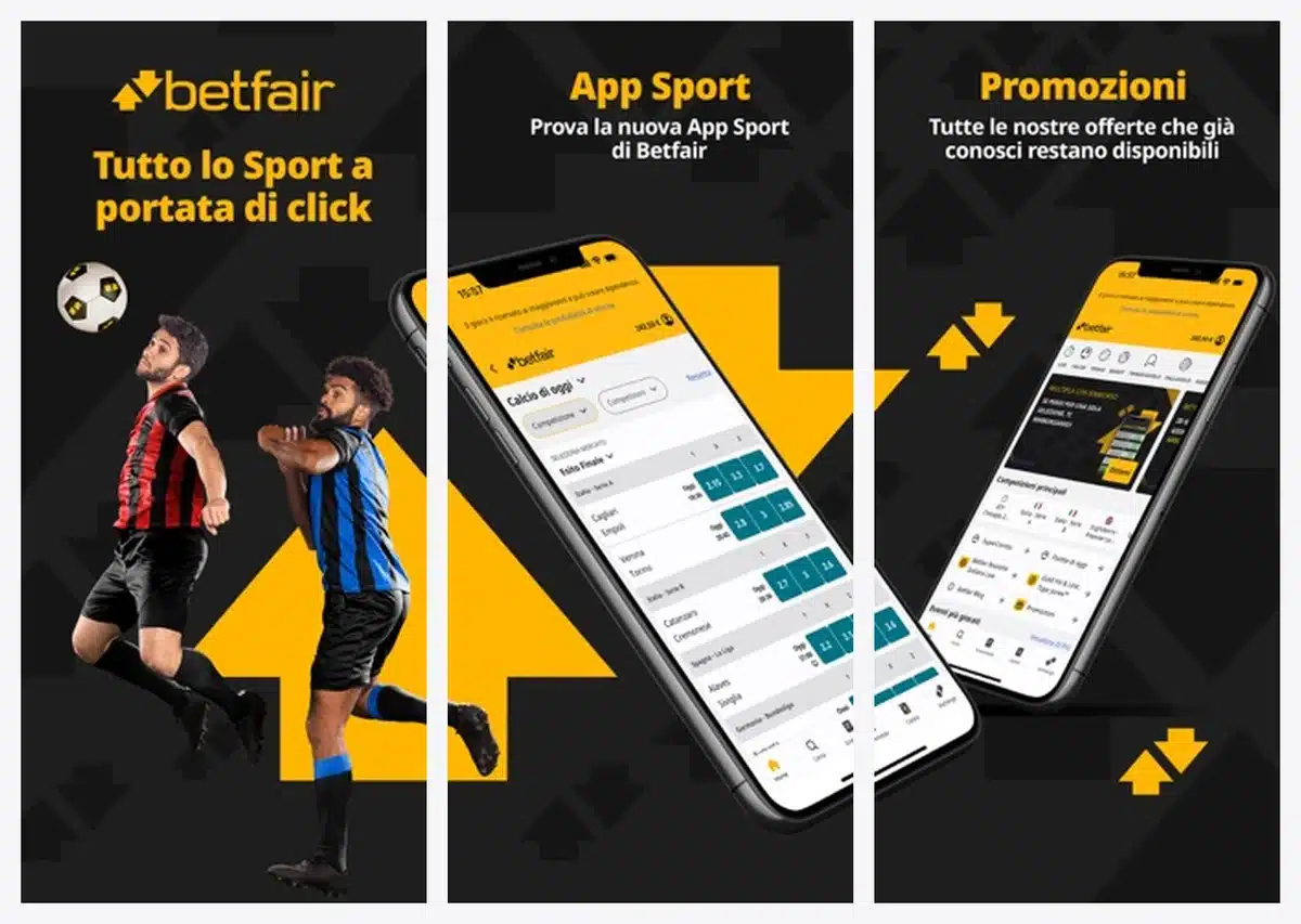 Schermate dell'app di Betfair in italiano