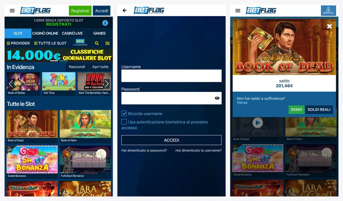 Schermate dell'app di Betflag in italiano