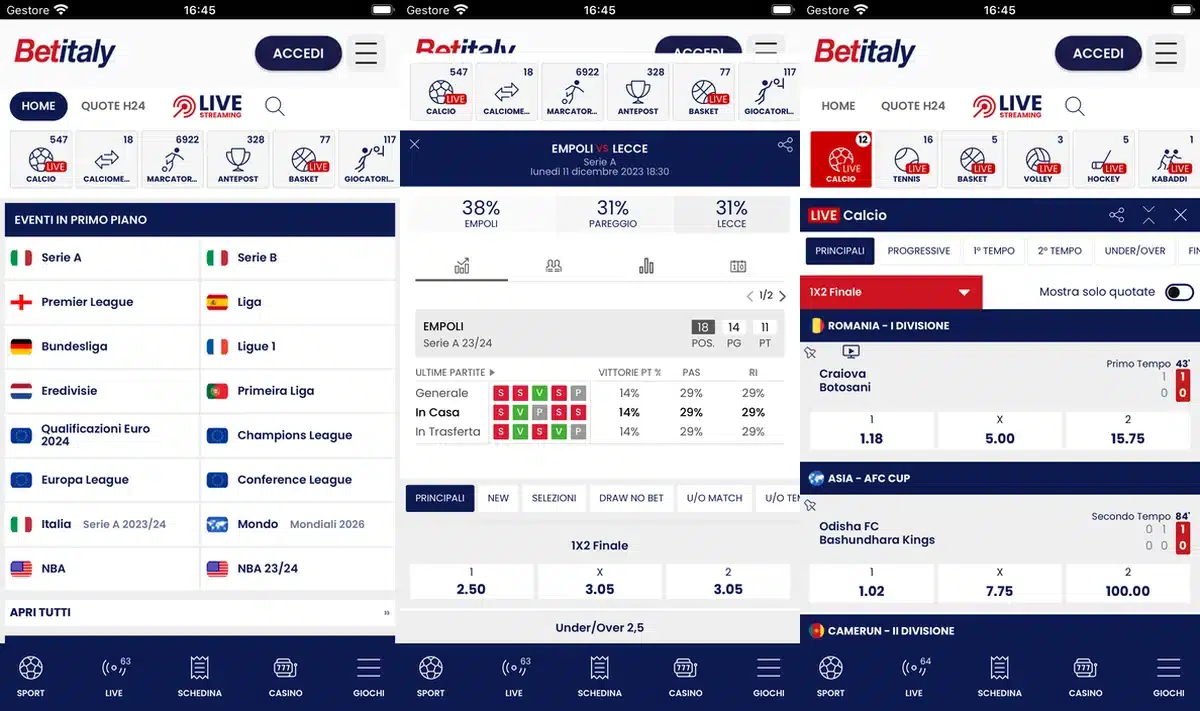 Schermate dell'app di Betitaly in italiano