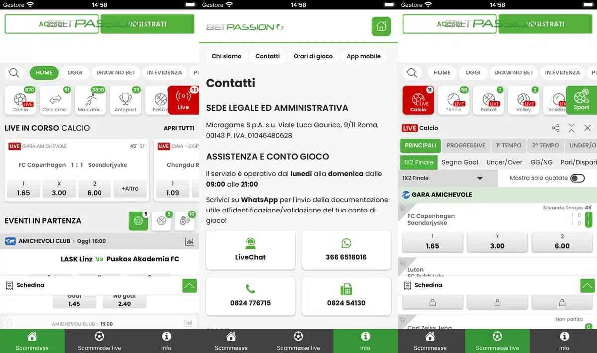 Schermate dell'app di Betpassion in italiano
