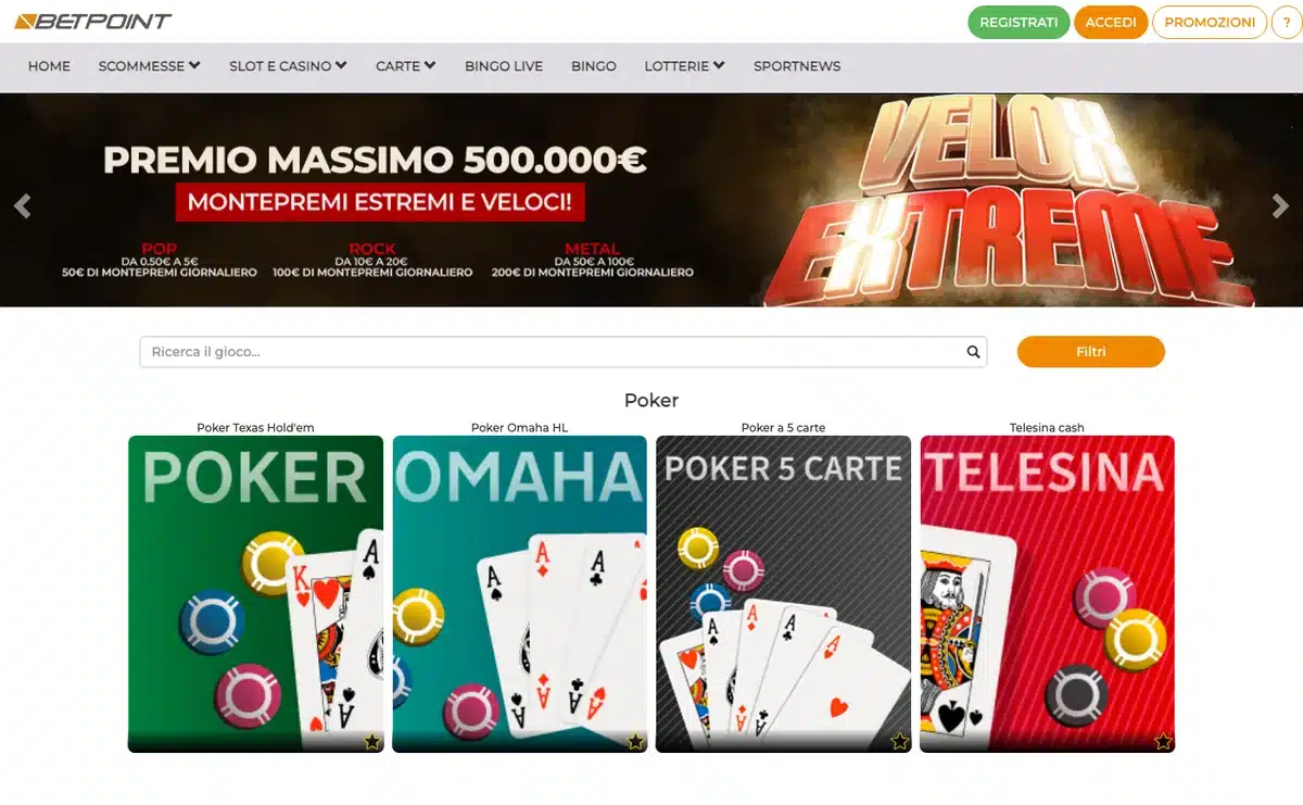 La home di betpoint.it con il menu e i giochi di carte