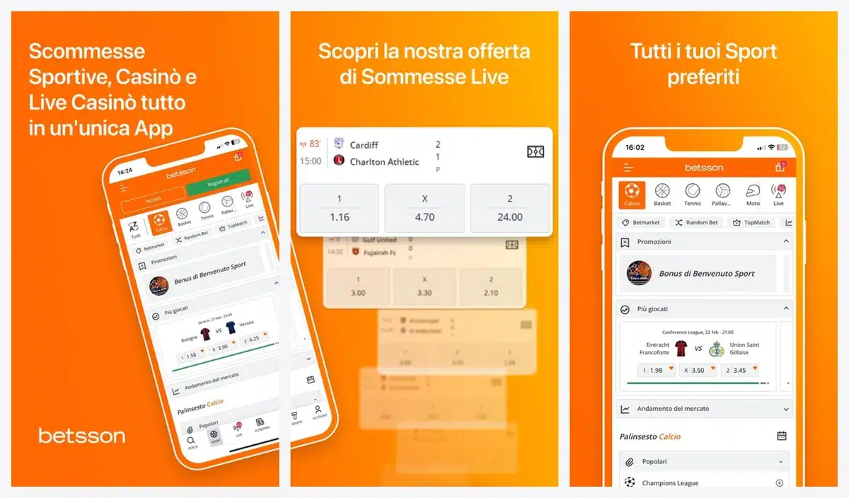 Schermate dell'app di Betsson in italiano
