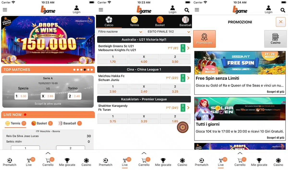 Schermate dell'app di Bgame in italiano