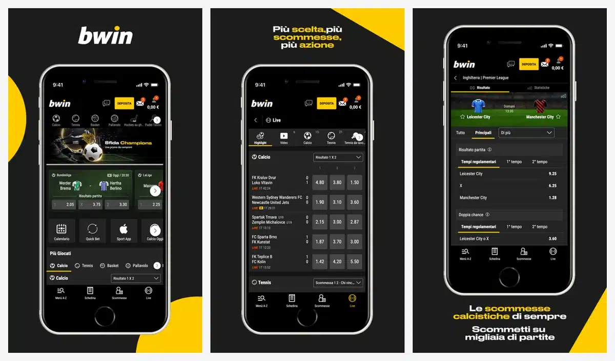 Schermate dell'app di bwin in italiano