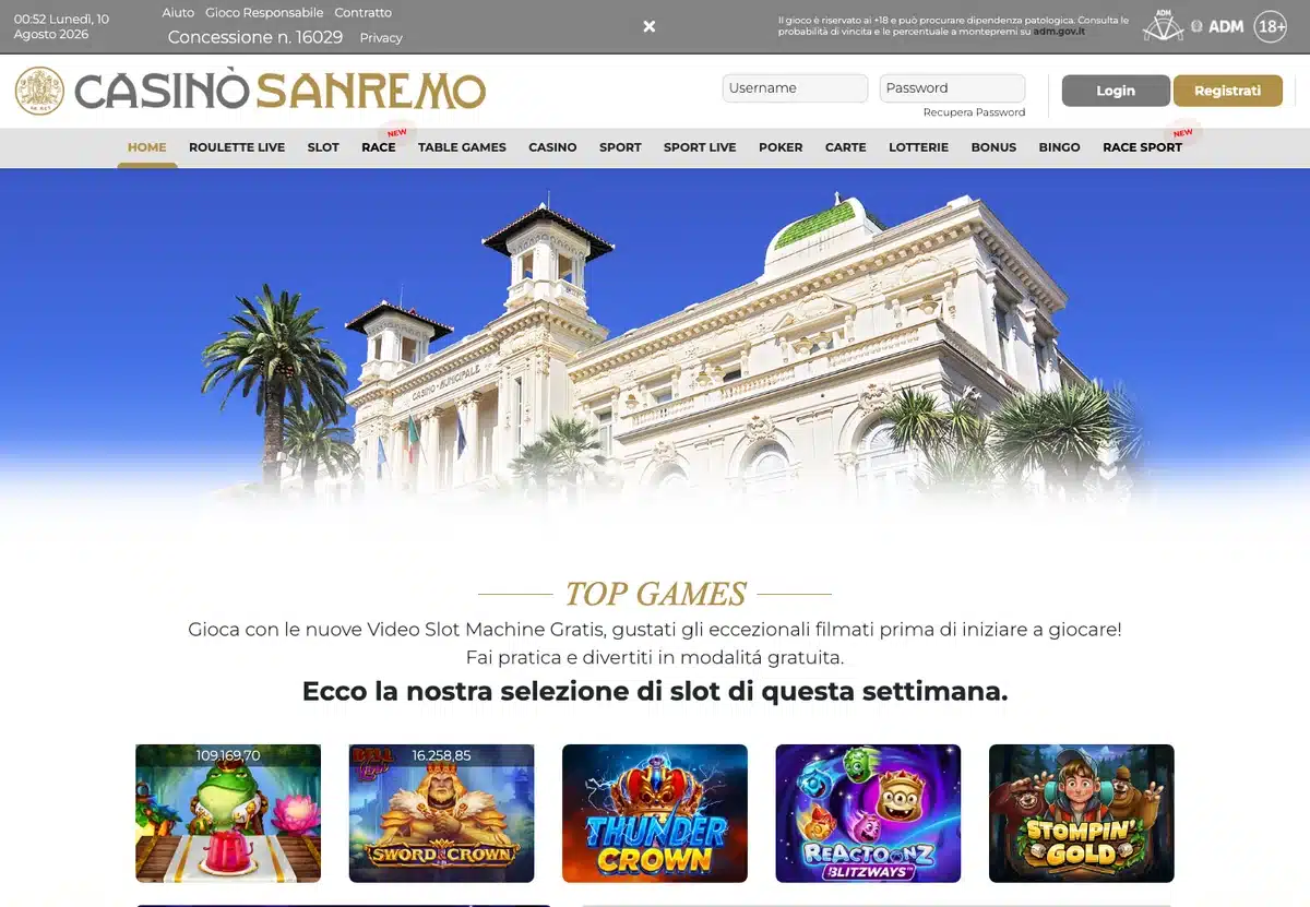 Il sito ufficiale di Casin&ograve; di Sanremo con il palazzo del casin&ograve; municipale