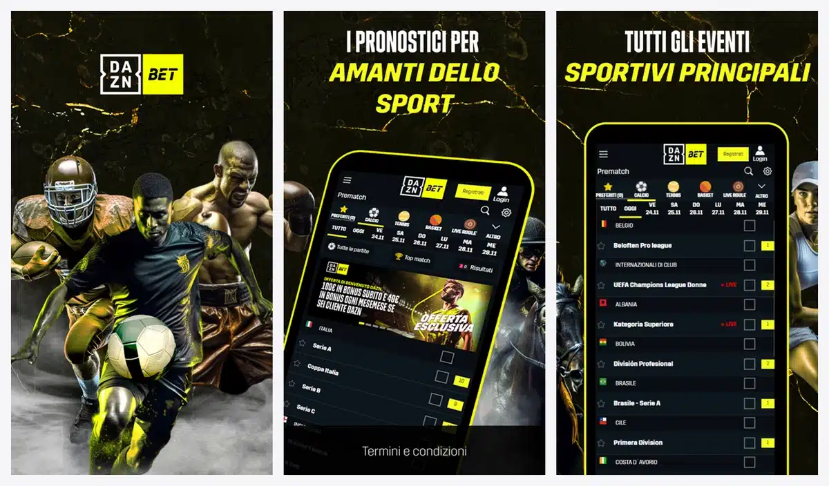 Schermate dell'app di DAZN Bet in italiano