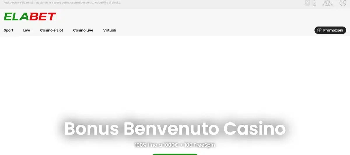 La home di elabet.it con il menu e il bonus di benvenuto