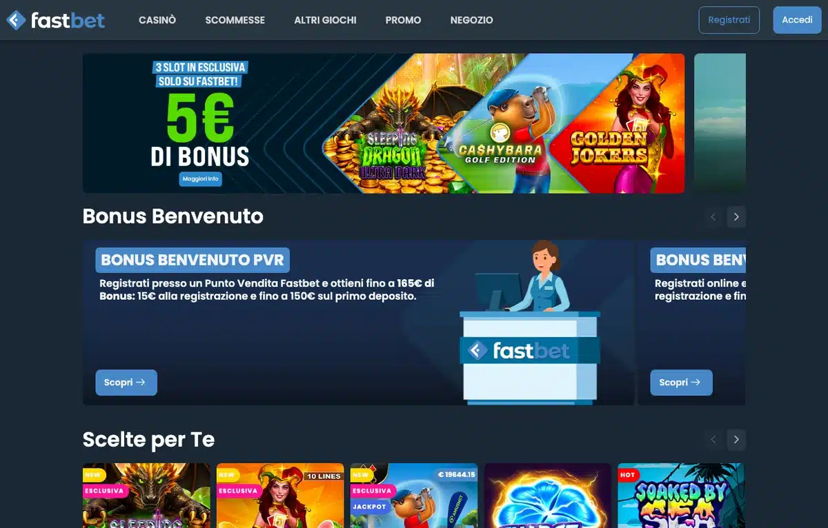 La home di fastbet.it con i bonus di benvenuto