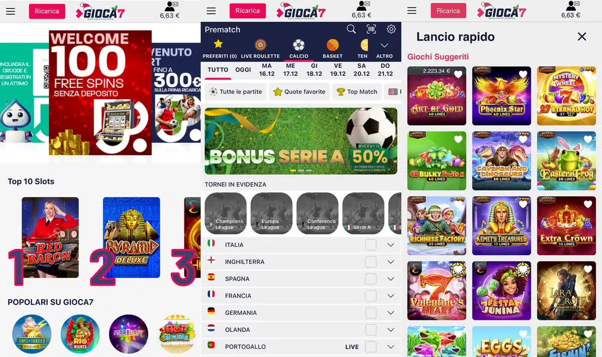 Schermate dell'app di Gioca7 in italiano