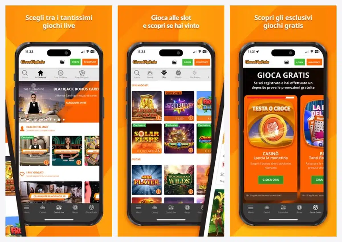Schermate dell'app casin&ograve; di Gioco Digitale in italiano