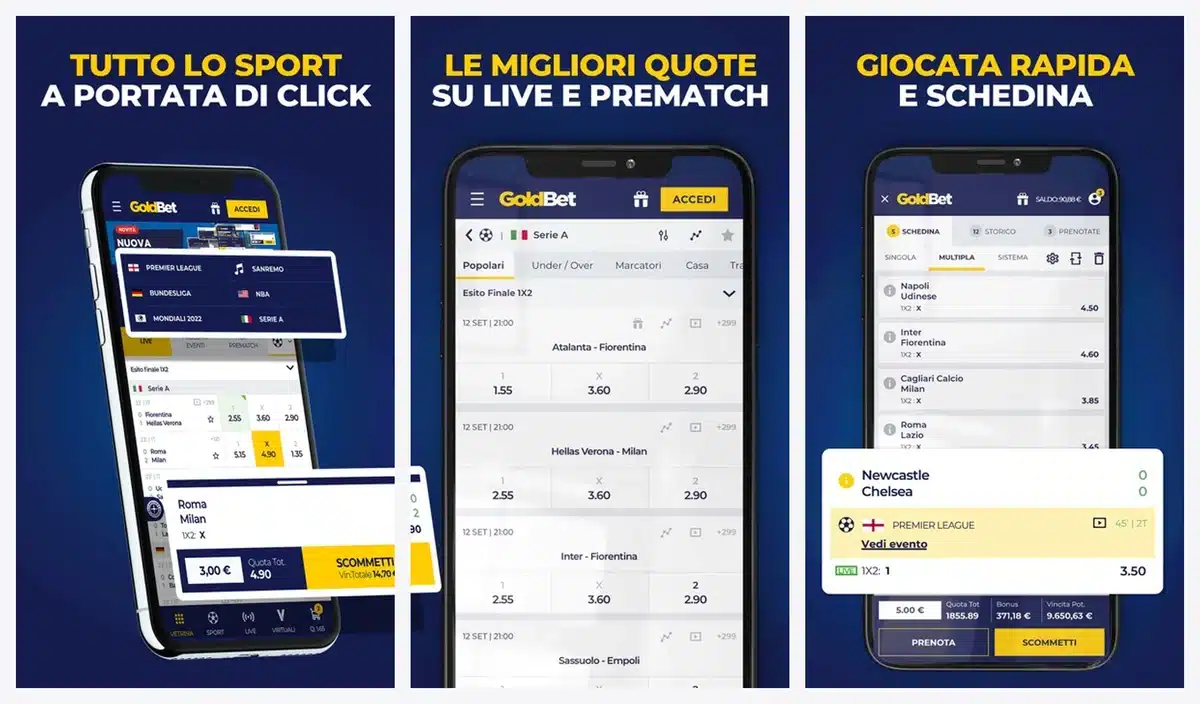 Schermate dell'app di GoldBet in italiano