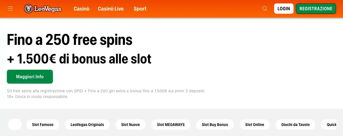 Schermata della homepage italiana di LeoVegas con l'offerta di benvenuto