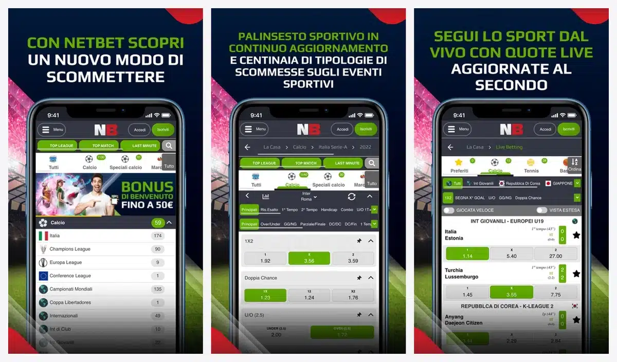 Schermate dell'app di NetBet in italiano