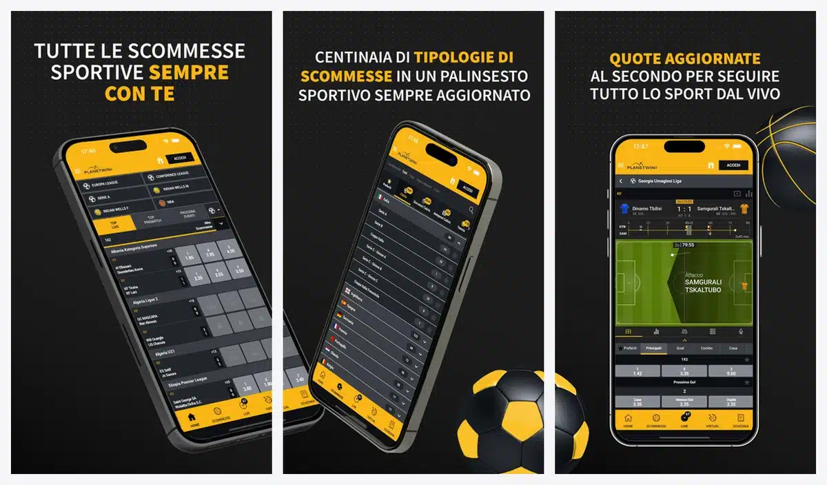 Schermate dell'app di Planetwin365 in italiano