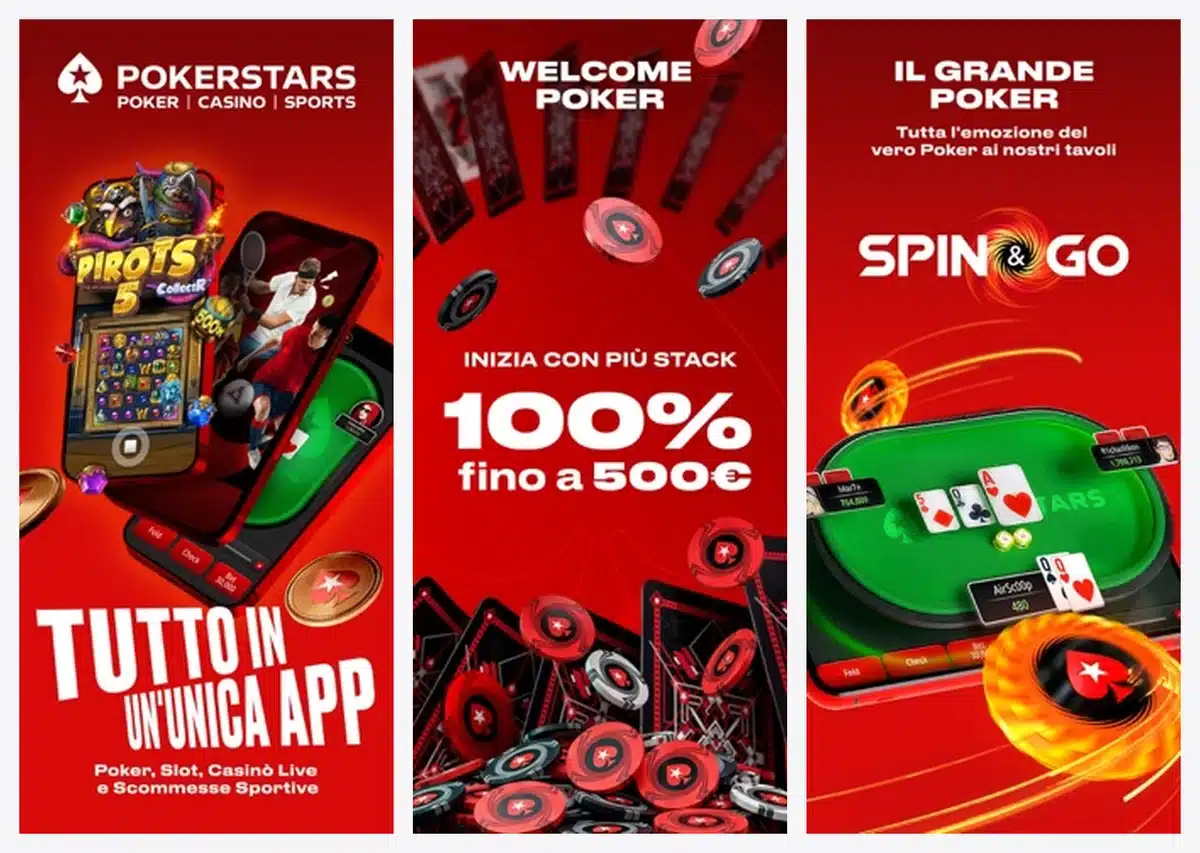 Schermate dell'app di PokerStars in italiano