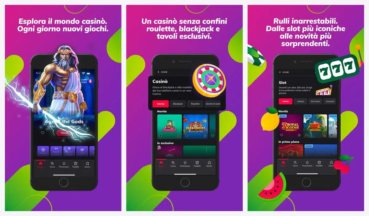 Schermate dell'app casin&ograve; di Sisal in italiano