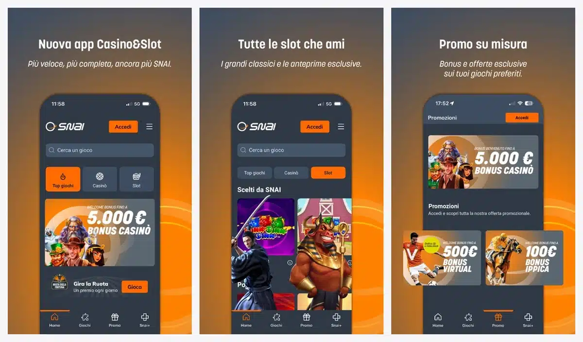 Schermate dell'app casin&ograve; di SNAI in italiano