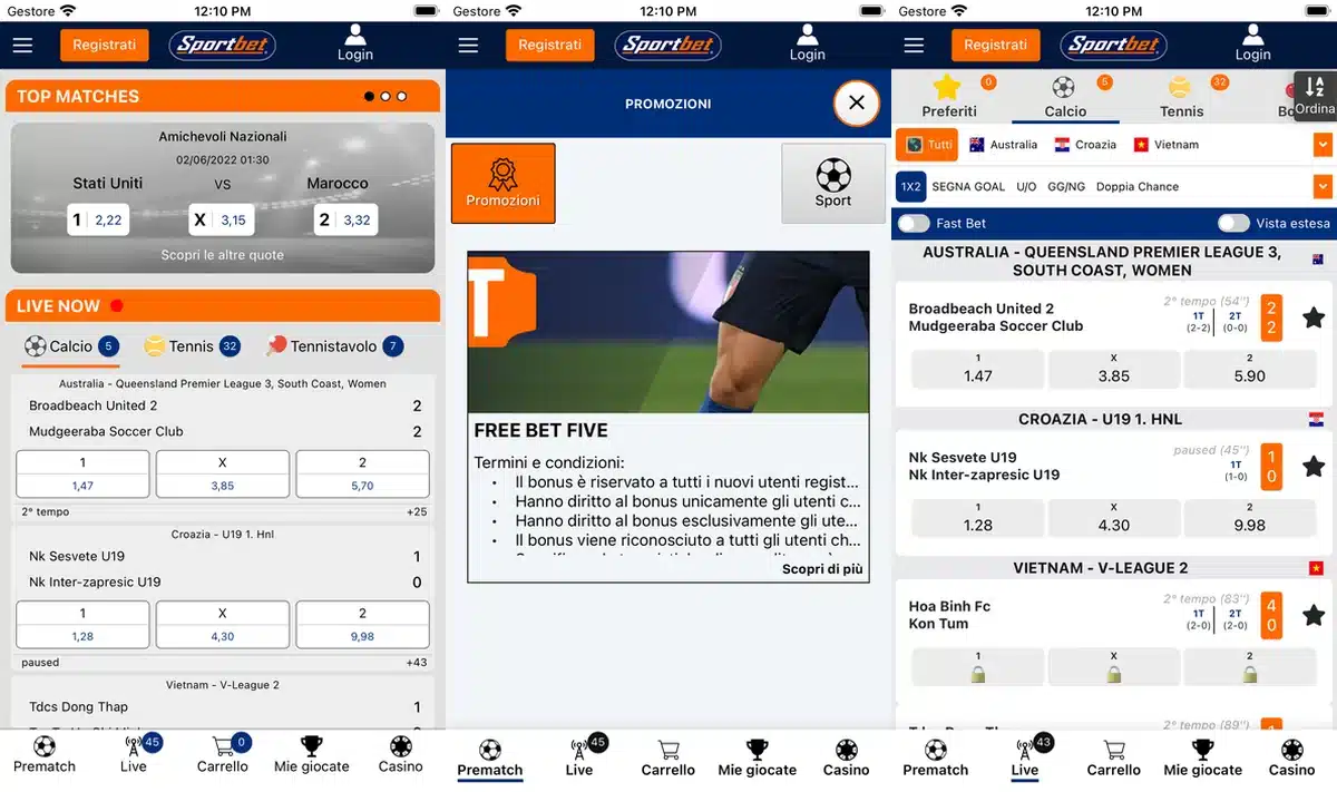 Schermate dell'app di Sportbet in italiano