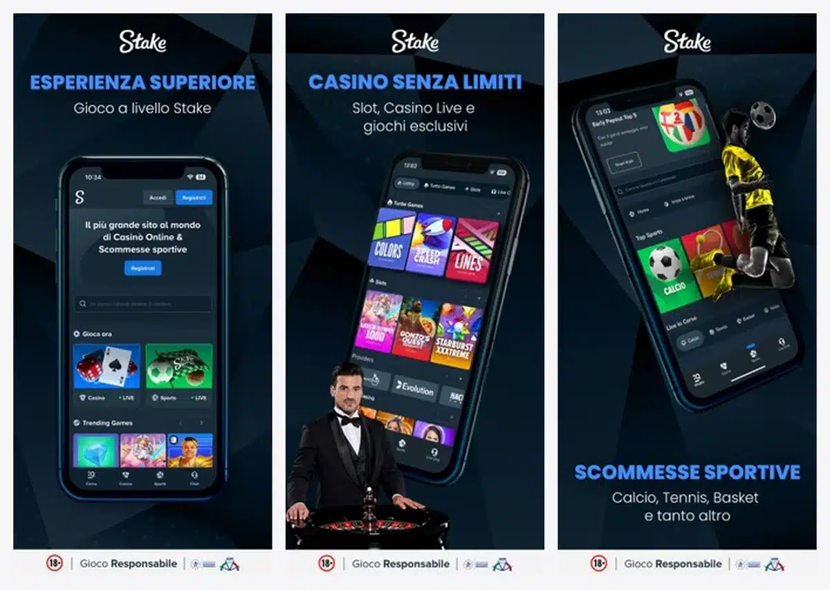 Schermate dell'app di Stake in italiano