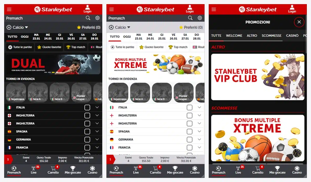Schermate dell'app di Stanleybet in italiano