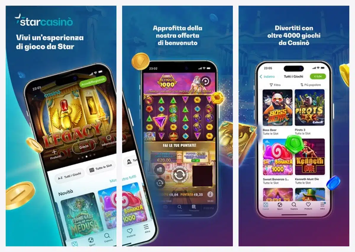 Schermate dell'app di StarCasin&ograve; in italiano