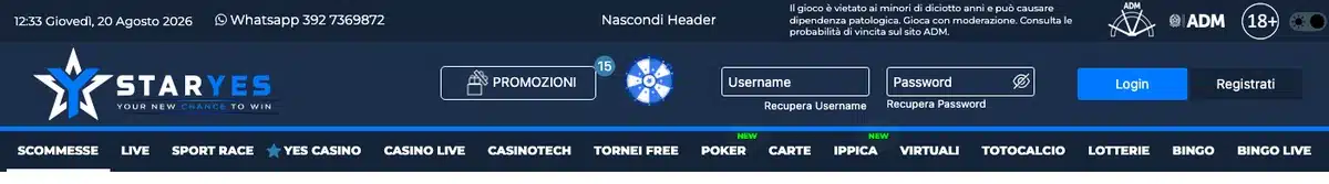 Il menu di staryes.it con le sezioni di gioco e i marchi ADM