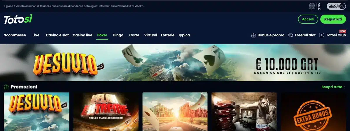 Il sito totosi.it con il menu completo e le promozioni