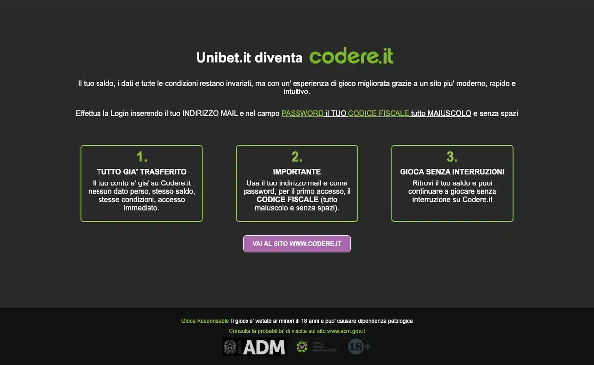 La pagina di unibet.it che annuncia la migrazione dei conti a Codere