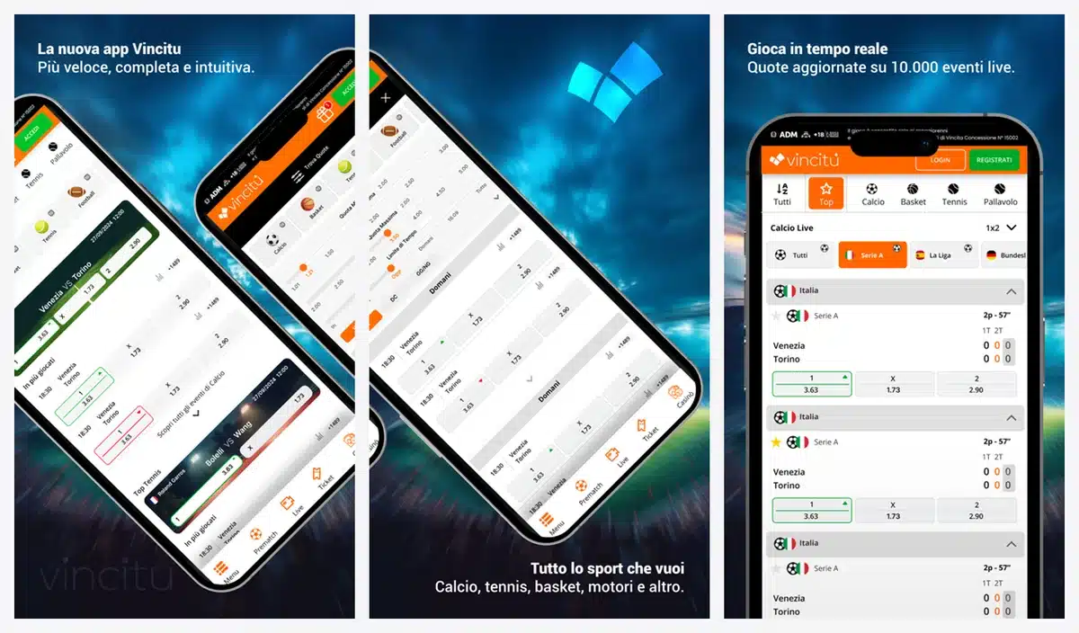 Schermate dell'app di Vincit&ugrave; in italiano