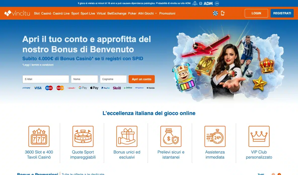 La home di vincitu.it con il menu completo e il bonus di benvenuto