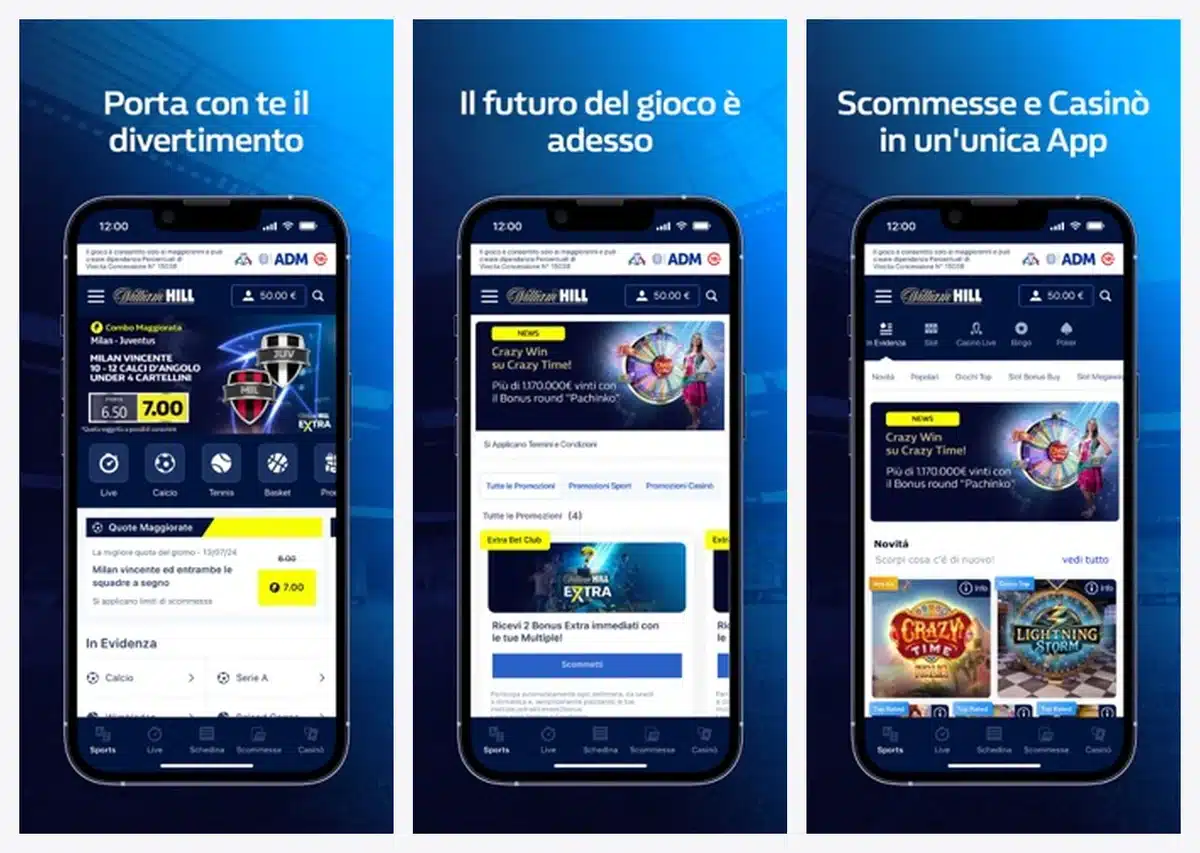Schermate dell'app di William Hill in italiano