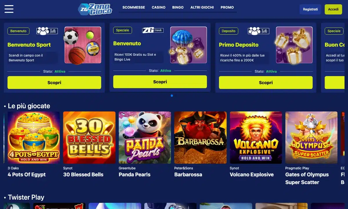 La home di zonagioco.it con le promozioni e le slot