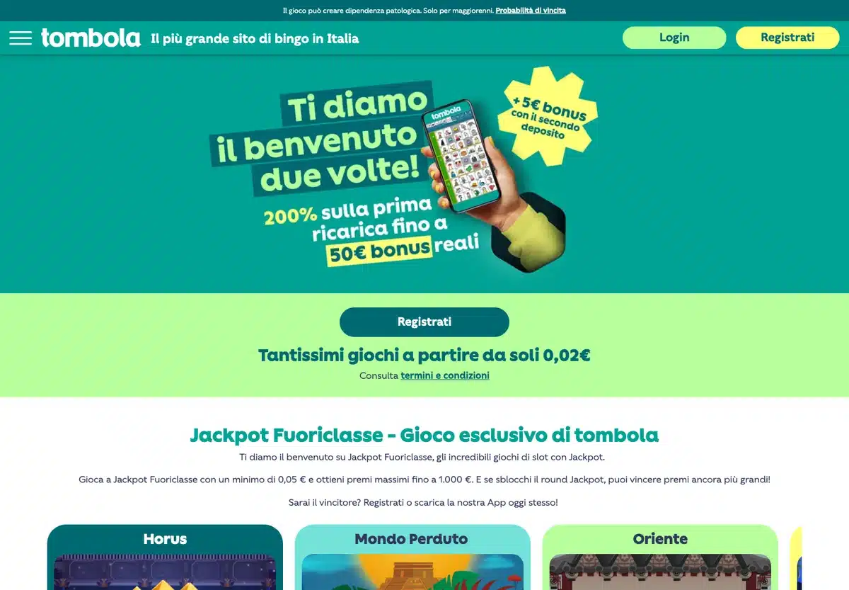 Homepage italiana di tombola.it, marchio del gruppo Flutter Entertainment
