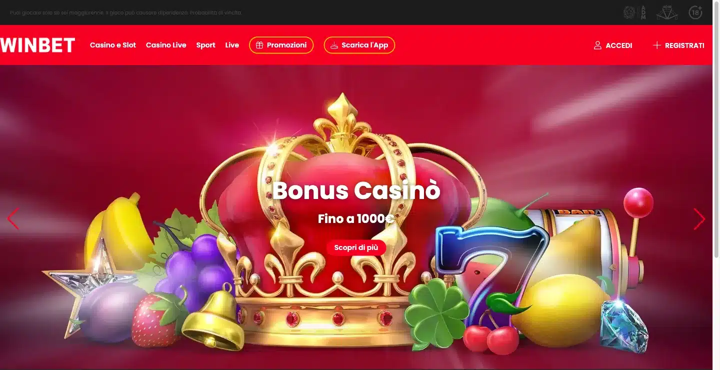 Homepage di Winbet Italia con il bonus casinò